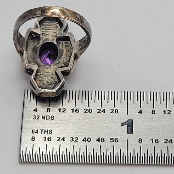 Sterling Silver Purple Glass Center Onyx Art Deco Style Ring Size 5 1/4 - Picture 9 of 13